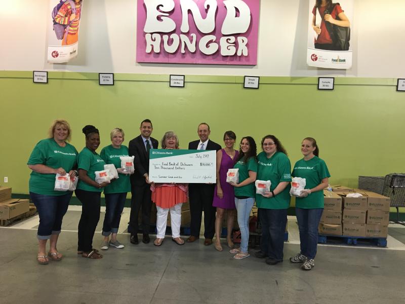 Shown are (l-r) Vicky Antoniou, Delaware regional manager, Citizens Bank; Dawn Lockridge, Milford branch manager, Citizens Bank; Karen Seelhorst, Smyrna branch manager, Citizens Bank; Michael Cooper, senior vice president and regional director of public affairs, MidStates for Citizens Bank; Patricia Beebe, president and CEO, Food Bank of Delaware; Theodore Prushinski, commercial market executive at Citizens Bank; Moira Baylson, vice president and senior regional public affairs manager for Citizens Bank; Naomi McAuly, Ogletown Acme branch manager, Citizens Bank; Bea Vuocolo, Georgetown branch manager; Citizens Bank; and Katie Seningen, Chestnut Hill/Newark branch manager, Citizens Bank. SUBMITTED PHOTO